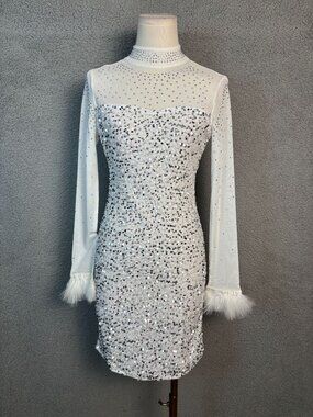 Jigfar Womens Sexy Rhinestone Mesh See Through Bodycon Mini Dress White S NWOT
